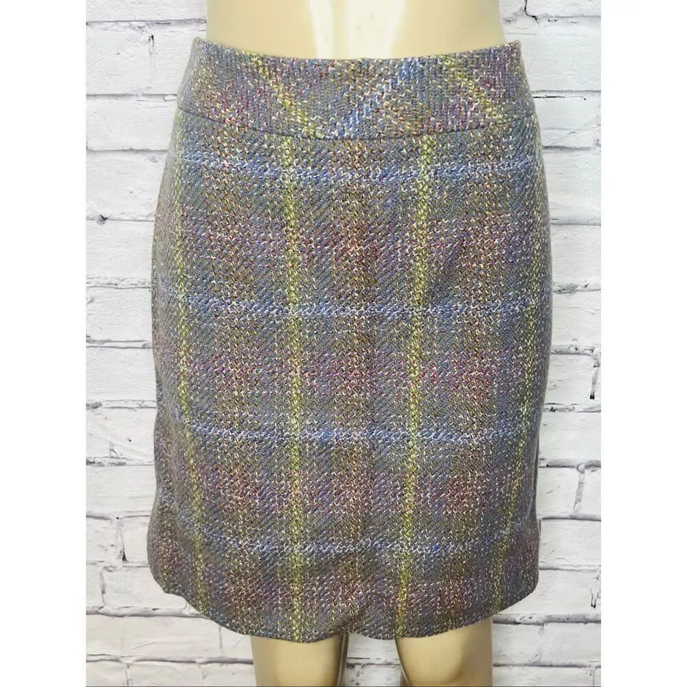 J. Crew Womens Multicolor Plaid Tweed Wool Lined Straight Pencil Skirt Size 8